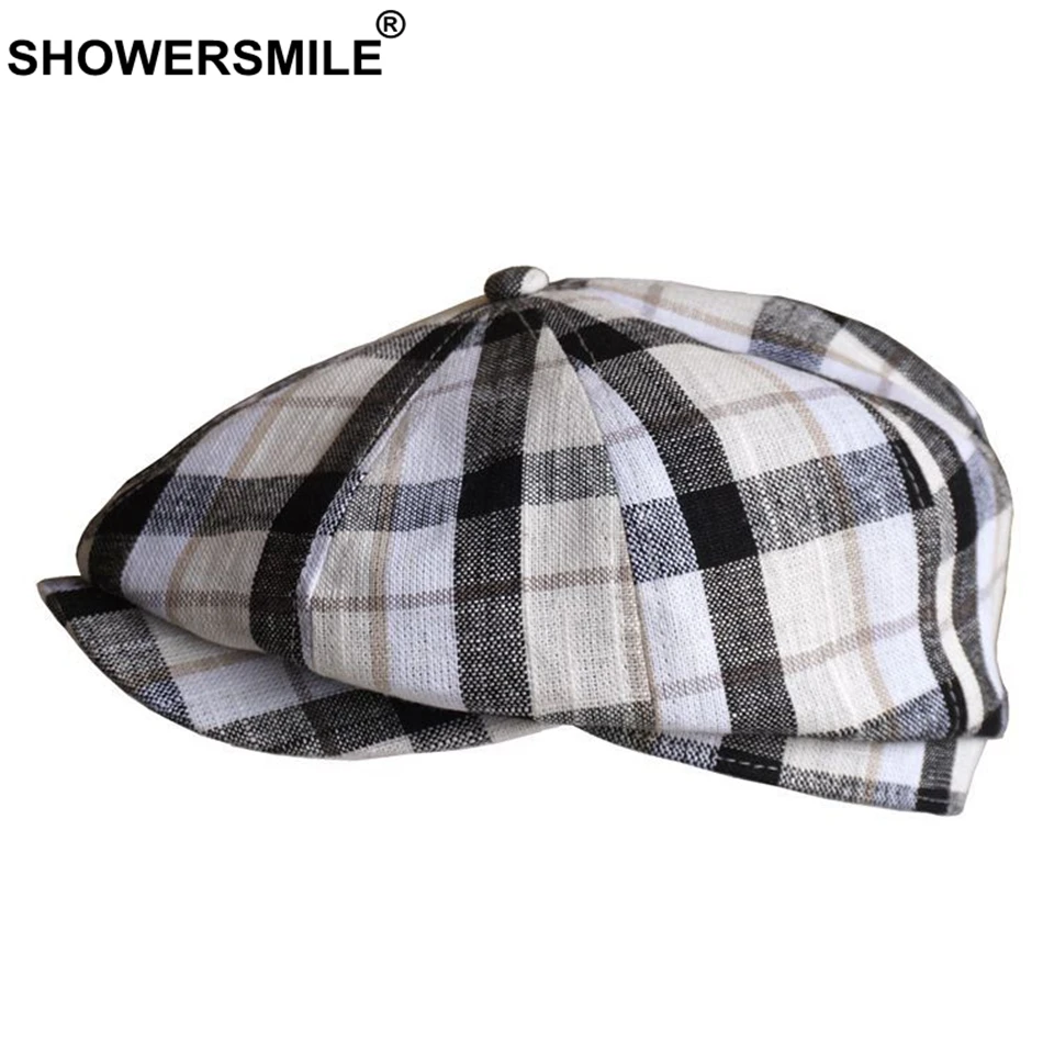 SHOWERSMILE мужские кепки газетчика летние льняные с плоским верхом белые клетчатые