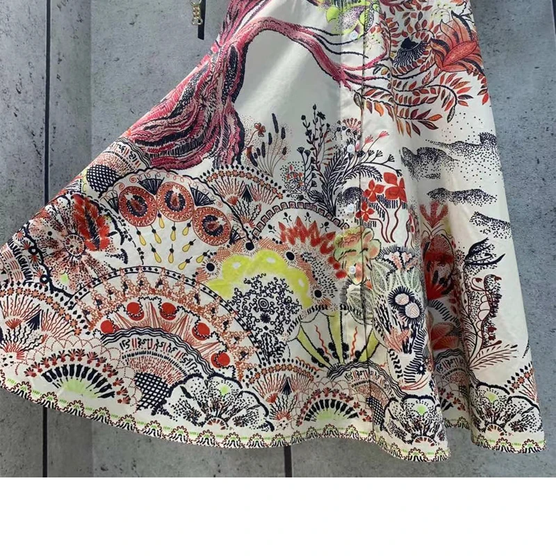 

2021 summer women 100% cotton dresses black beige printed vintage women high street short-sleeve dress with chain sashes