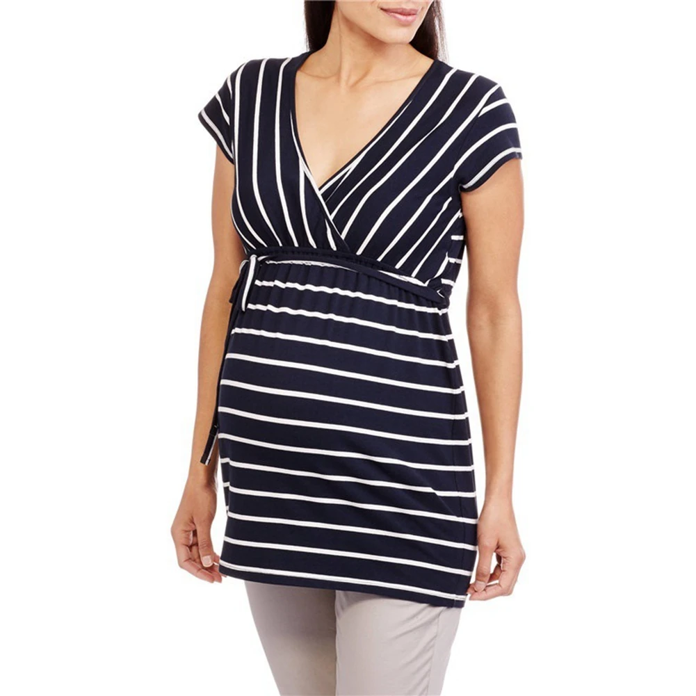 

2020 Pregnant Ladies Short Sleeve V-neck Lace-up Tops Women Striped Loose Cotton Pullover Casual Style Comfortable T-shirt
