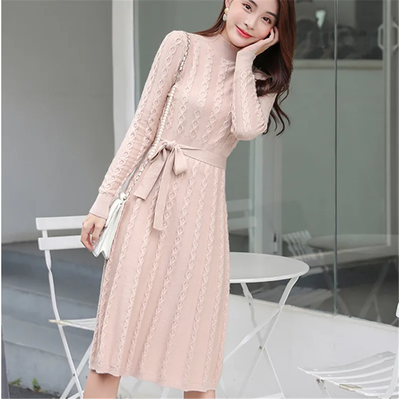 Модное вязаное платье женские свитера для женщин платья с поясом выше колена