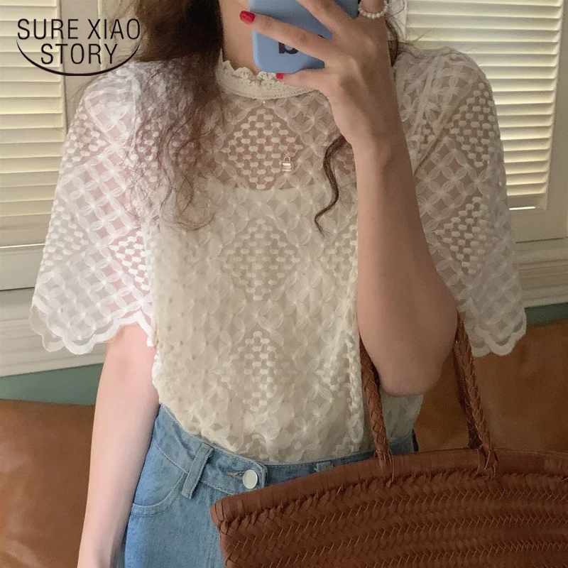 

Chic Embroidered Flowers with Sling Bubble Sleeve Perspective Shirt New Korean Summer O-Neck Women Tops Loose Sweet Blouse 14543