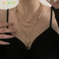 metal multilayer cross pendant necklace european and american style hip hop punk fashion personality necklace sweater chain 2022