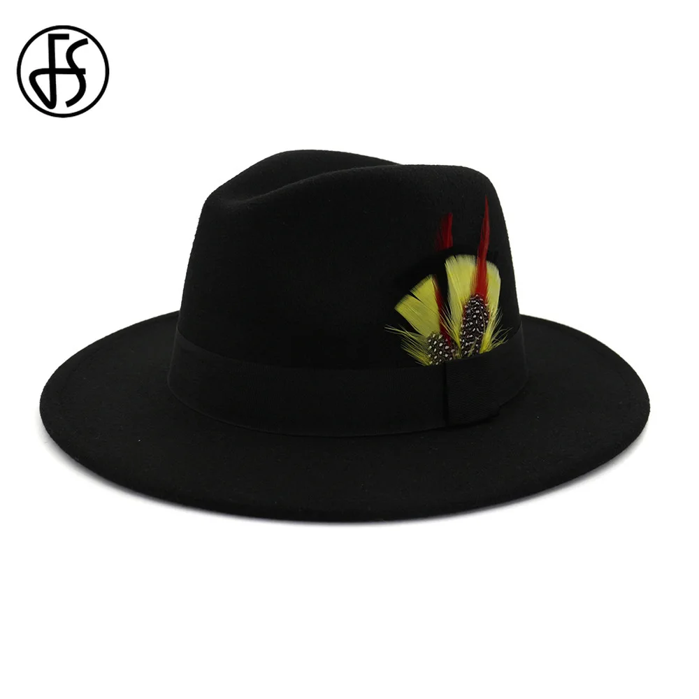 FS Винтаж перо фетровая шляпа в стиле джаз для Для женщин мужчин с широкими полями