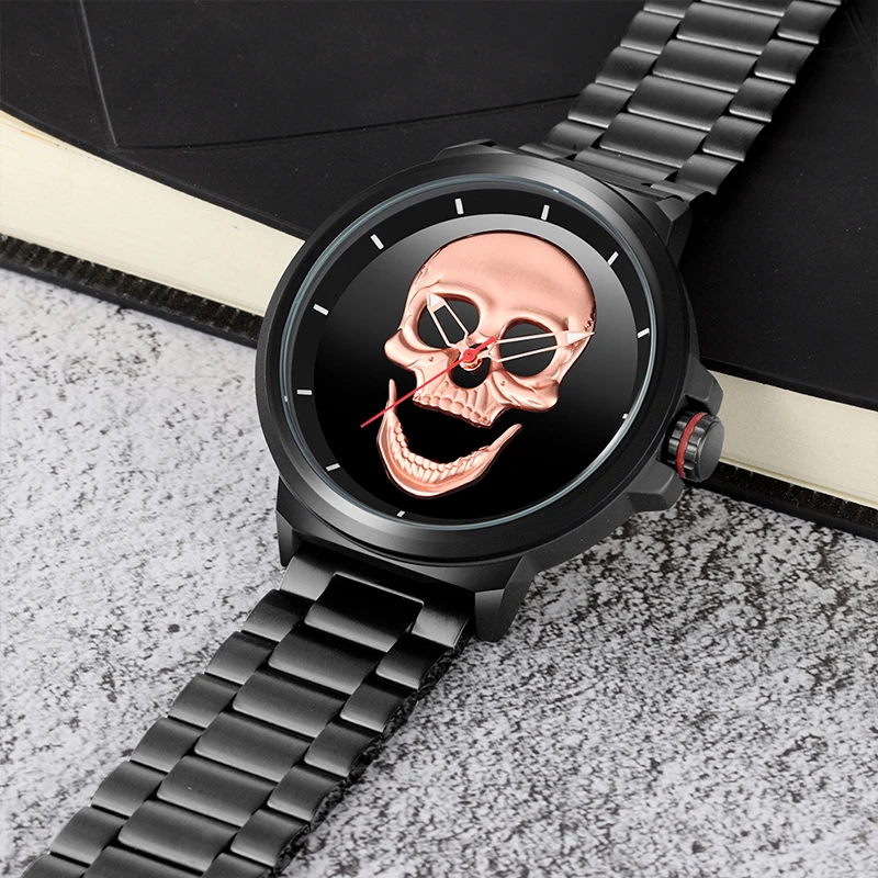 Японские кварцевые мужские часы с 3D черепом роскошные Брендовые со стальным