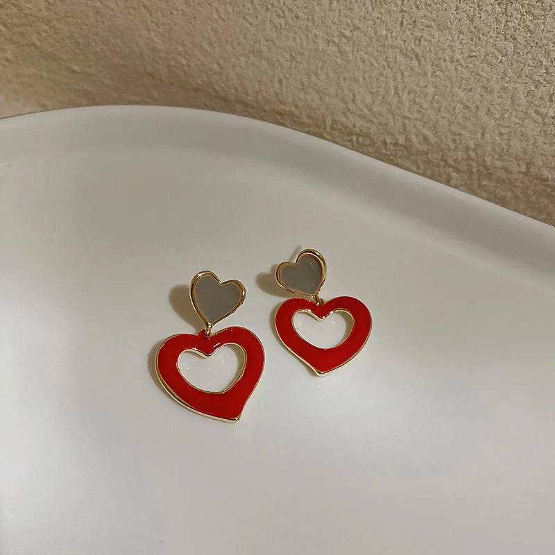 

LOVOACC Trendy Red Color Hollow Love Heart Pendant Earrings for Women Girls Metallic Enamel Dangle Earrings Accessories Hot