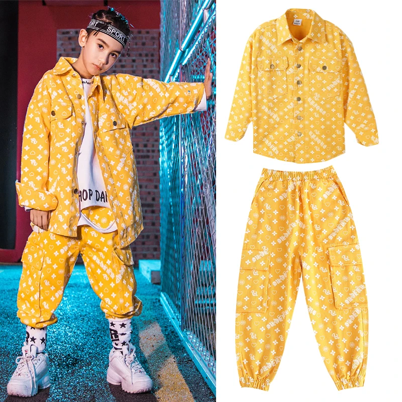 Одежда в стиле хип хоп желтые костюмы для хопа с принтом мальчиков танцевальные