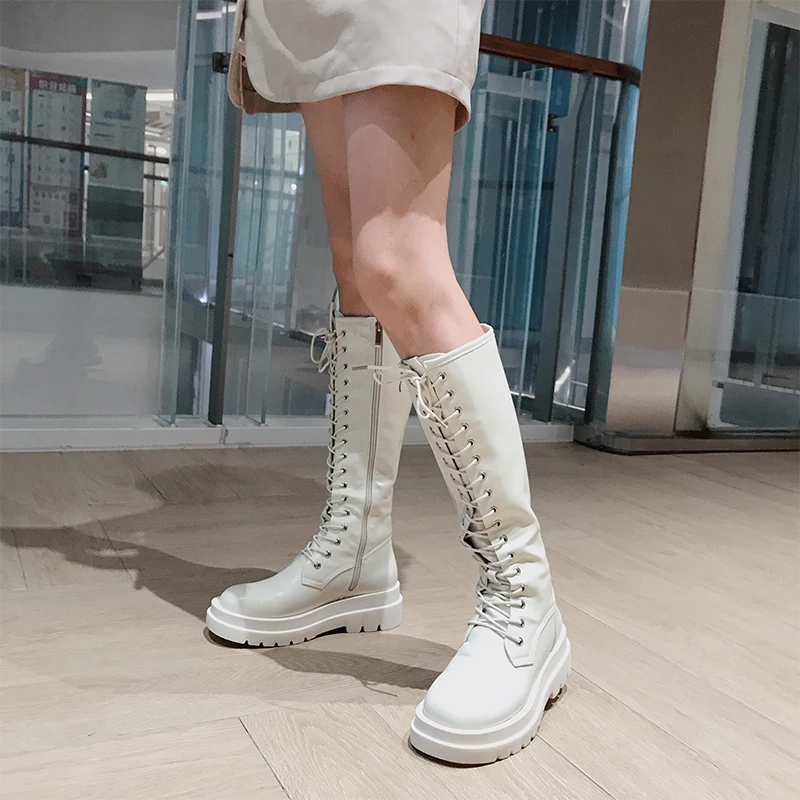 

long women Boots Autumn shoes fashion Lace-up Comfortable flat Thick bottom Side zipper Ladies boots