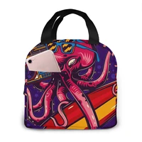 vintage octopus with glasses boombox and surfing cooler bag portable zipper thermal lunch bag convenient lunch box tote food bag