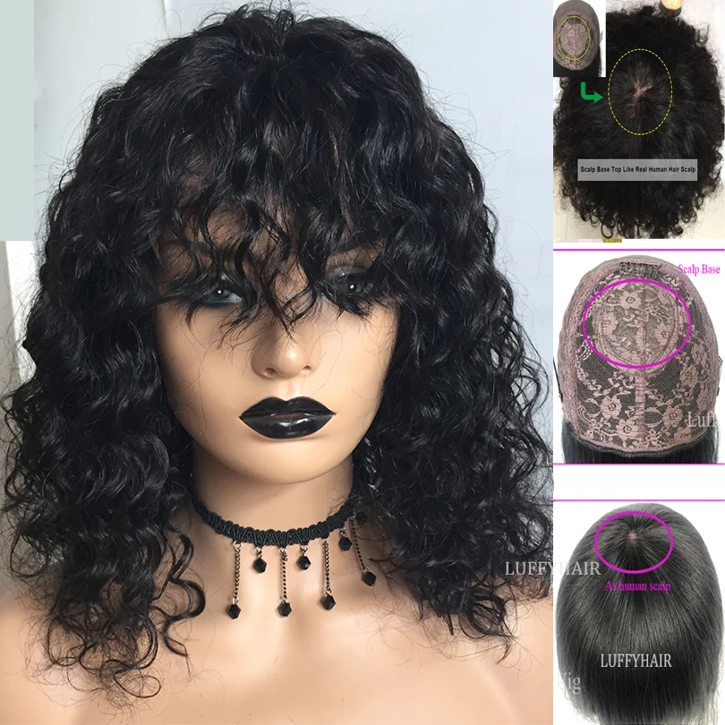 

Natural Loose Curly Wigs with Bangs Malaysian Scalp Top Machine Made Curly Human Hair Wig For Black Women