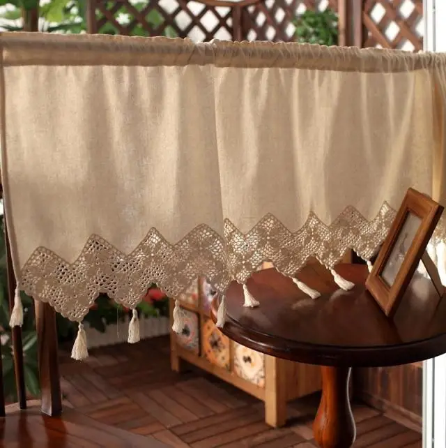 

Retro Style Beige Cotton&Linen Crochet LaceTassel Coffee Curtain Multi-function Decorative Short Curtain Size Customizable