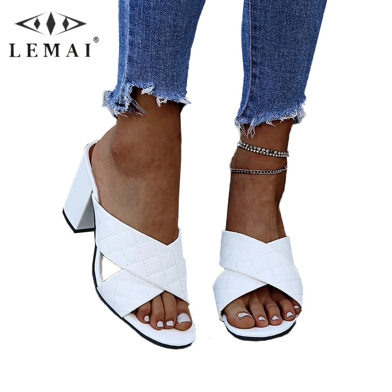 

LEMAI Summer New Large Size Women Shoes Solid Color Crossover with Fish Mouth High Heels Thick Heel Comfortable Elegant Slippers