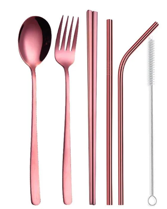 rosegold set Лидер продаж, набор посуды 5 шт./компл. многоразовые Нержавеющая сталь комплект переносной посуды с Ложка Вилка Набор ножей и Чистящая Щетка - Цвет: rosegold set