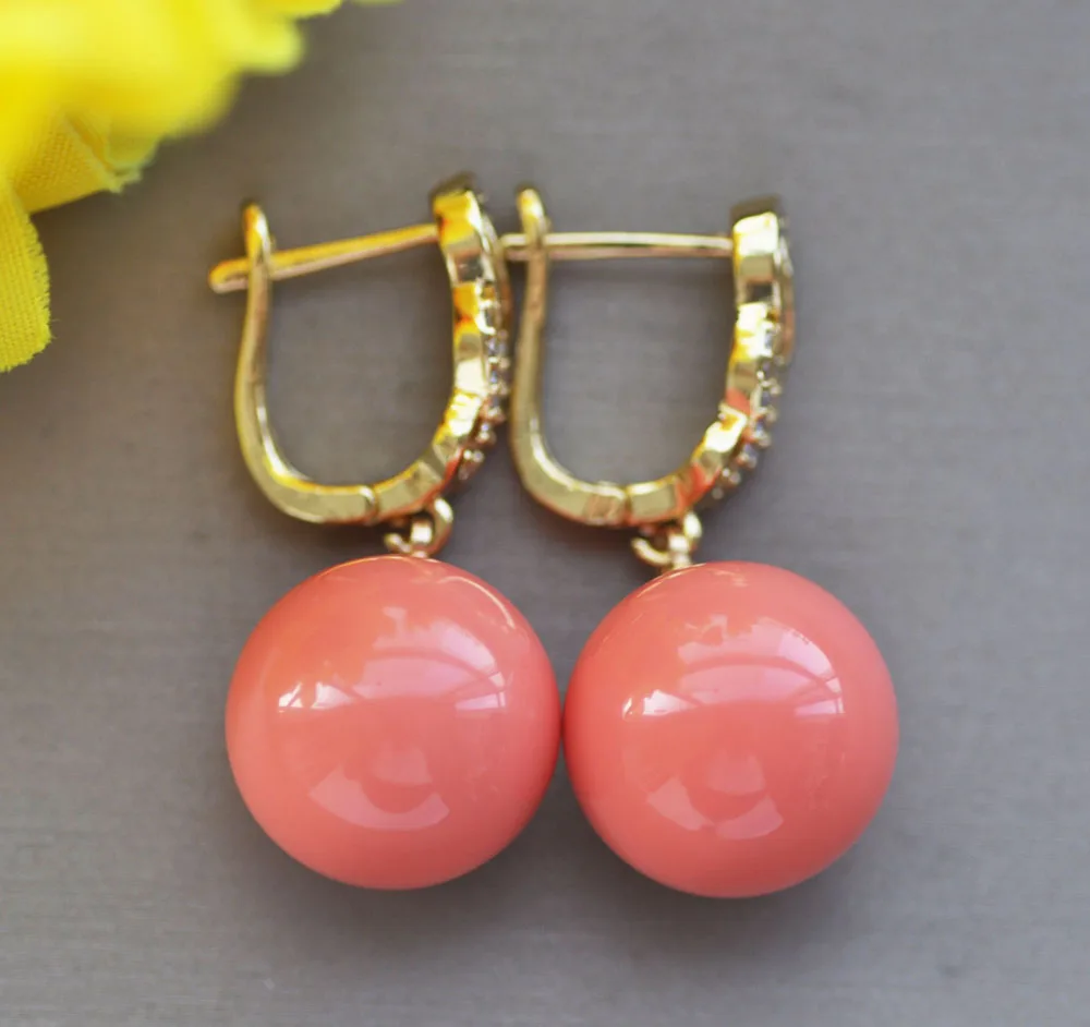 

Z10980 16mm Pink Round South Sea Shell Pearl Dangle Earring CZ