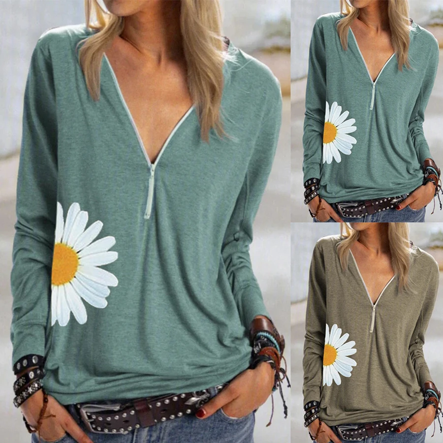 Осенние женские блузки с цветочным принтом Daisy повседневные рубашки на молнии v