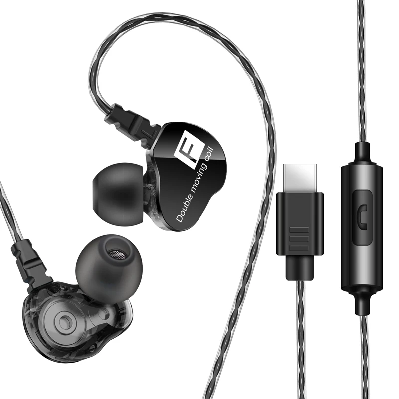 Наушники типа C, Hi-Fi, стерео, двойной драйвер, 3,5 мм, вкладыши, спортивные наушники с микрофоном для huawei p20 pro, Xiaomi, iPhone, samsung - Цвет: type c Black