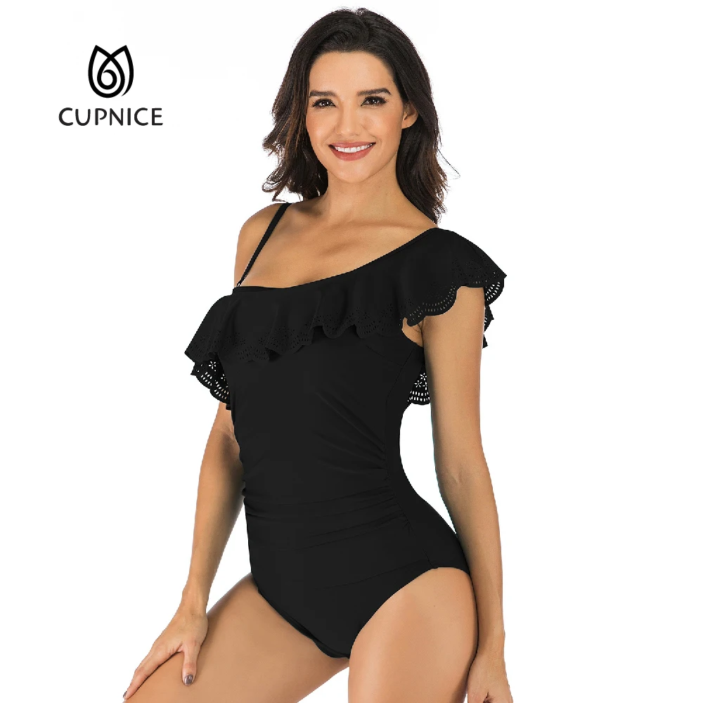 

Купальник CUPNICE женский однотонный, купальная одежда на одно плечо с зубчатыми оборками и оборками на подоле, милое бикини