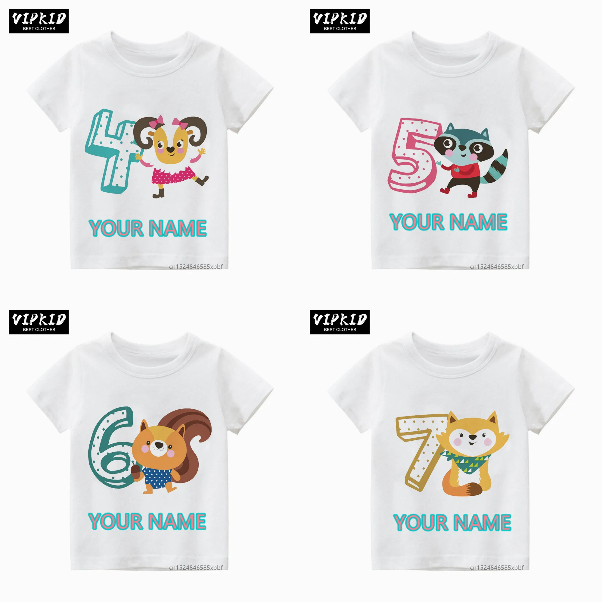 

Children Cute Animals Numbers Short Sleeve T-shirt Happy Birthday Number 1-9th Gilr Boy Print Your Name Tops Tee,Drop Ship