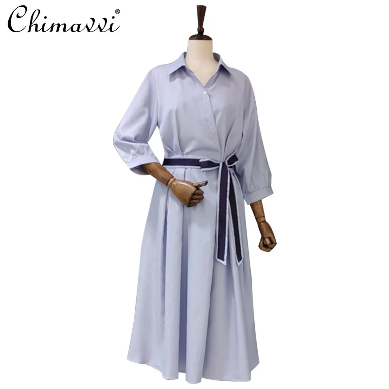 

2021 Summer New Striped Women Dress Summer Pure Color Shirt Dress Female Long Sleeve High Waist Long Dress