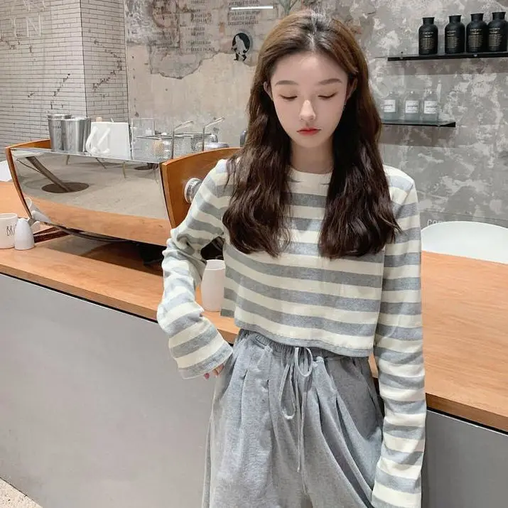

Small fresh sunscreen shirt women's long sleeve autumn new loose short striped T-shirt women's thin ice silk knitting top