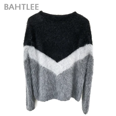 Multicolor BAHTLEE Women Angora V-neck Pullovers Sweater Autumn Winter Wool Knitted Geometric Designs Jumper Long Sleeves Loose style - Цвет: Multicolor