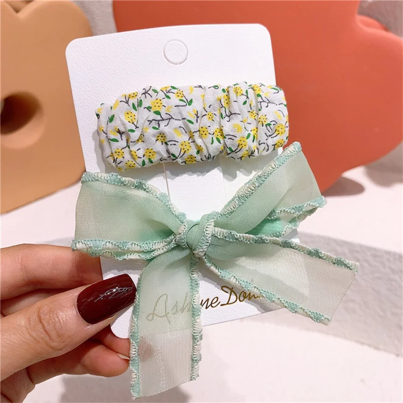 

New Girls Net Yarn Bowknot Hair Clip Floral Printed Fabric Folds BB Clip Baby Headwear for Children Fashion Hair Accessories