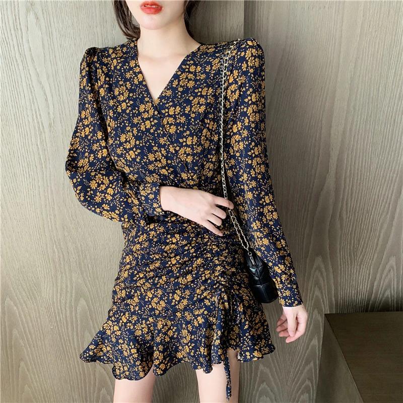 

VICONE Printed slim pleated dress long sleeves ruffles flower printting dating dress skinny waist ruffle hem pleated dress