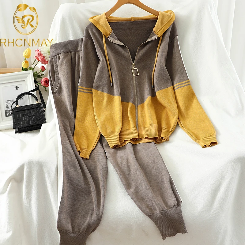 

2021 Autumn Women Fashion Hooded Zipper Knit Jacket Legging 2 Pcs Suit Contrast Color Sporty Cardigans Haren Pants Tracksuit