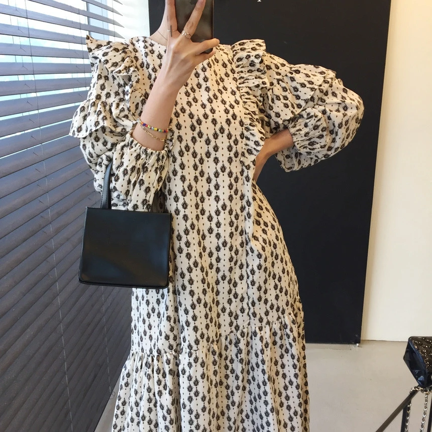 

SuperAen Ruffles Lantern Sleeve Geometric Print O Neck Mid Calf Woman Dress