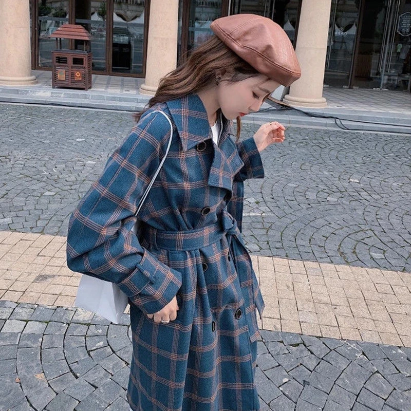 

2020 ladies fashion plaid wool double-breasted coat winter thick warmth lapel pocket streetwear long coat