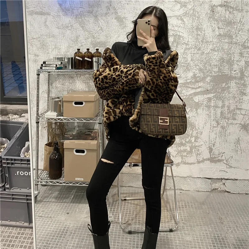 Модное леопардовое пальто из искусственного меха женская зимняя теплая мягкая