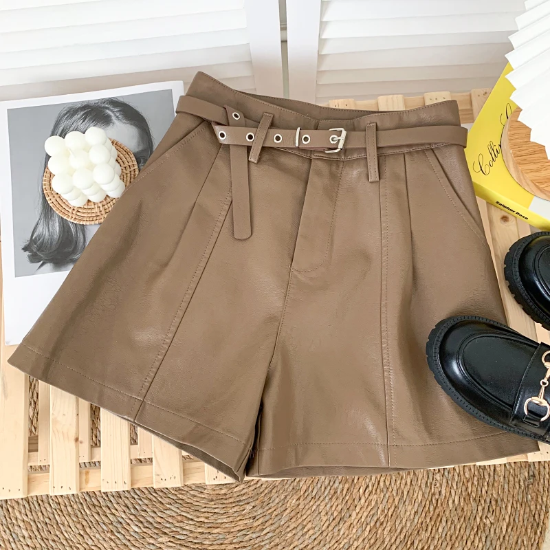 

2021 autumn and winter new fashion pu leather high waist wide leg pants casual pants shorts women with belt
