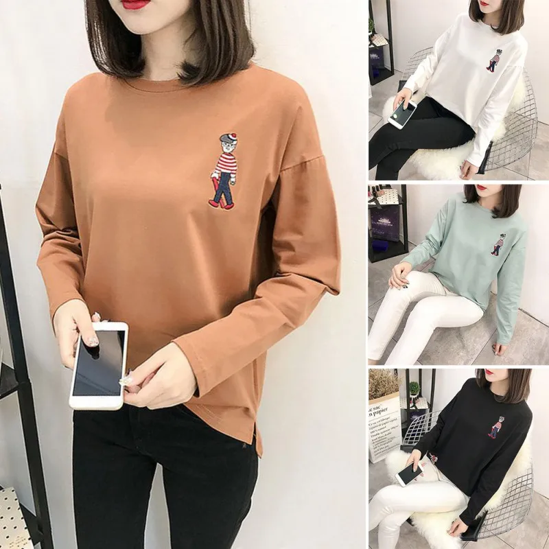 Женская Осенняя футболка с мультяшной вышивкой свободная повседневная простая