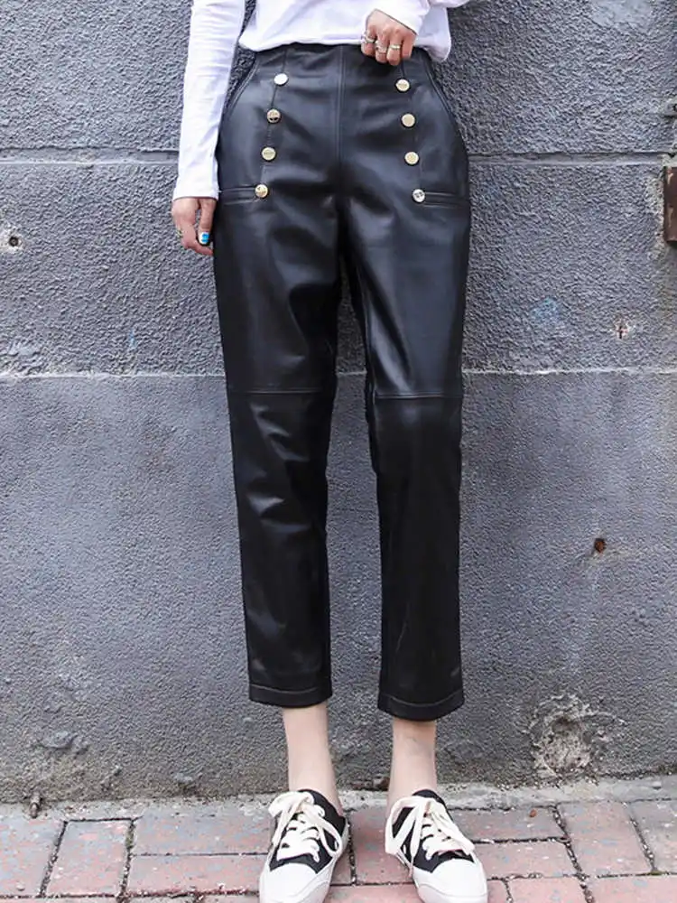

Autumn Women's Winter elastic waistband leather pants High quality Sheepskin Genuine leather Ninth pants C650