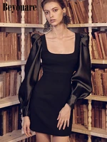beyouare puff sleeve square collar mini dress women elegant fashion solid stain black evening gala dress party streetwear autumn