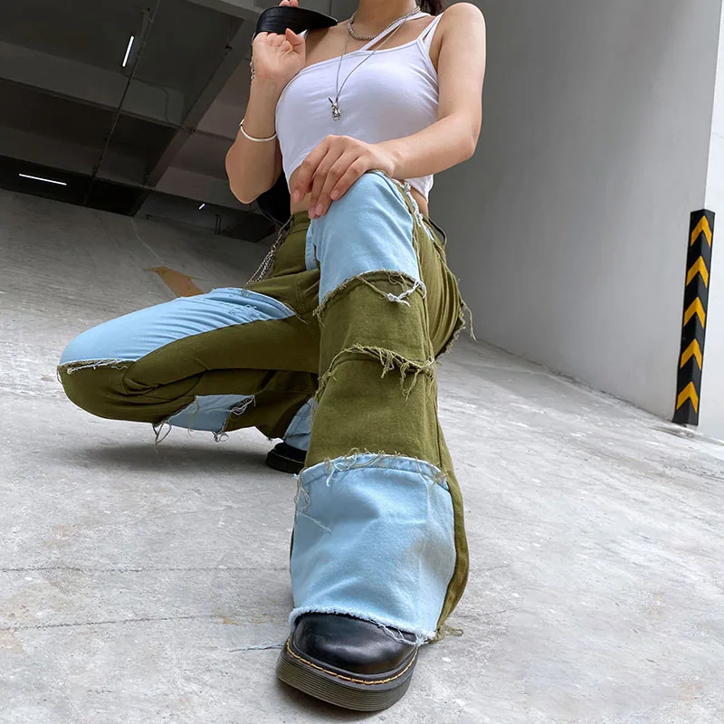 

Tassel Mom Patchwork Jeans Women Korean High Waist Casual Straight Trousers 90s Y2K Vintage Baggy Denim Pants Capris Streetwear