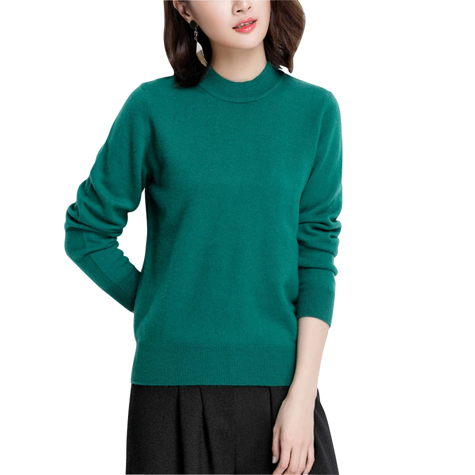 YJMY Inner Mongolian Cashmere Sweater Women Jumper Ribbed Crewneck Cuffs Hem Spring Autumn Knit in Slava Store - Цвет: Green