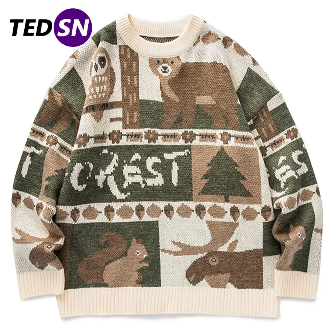 Вязаный свитер унисекс в стиле хип-хоп с принтом Совы и медведя хлопковая уличная