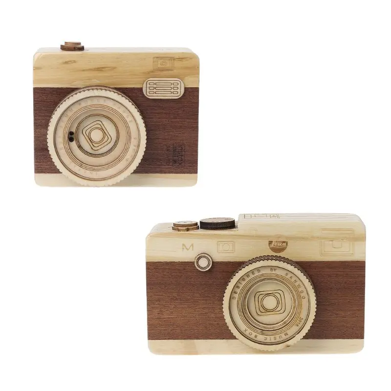 

P15C Wooden Music Box Retro Camera Design Classical Melody Birthday Home Decoration