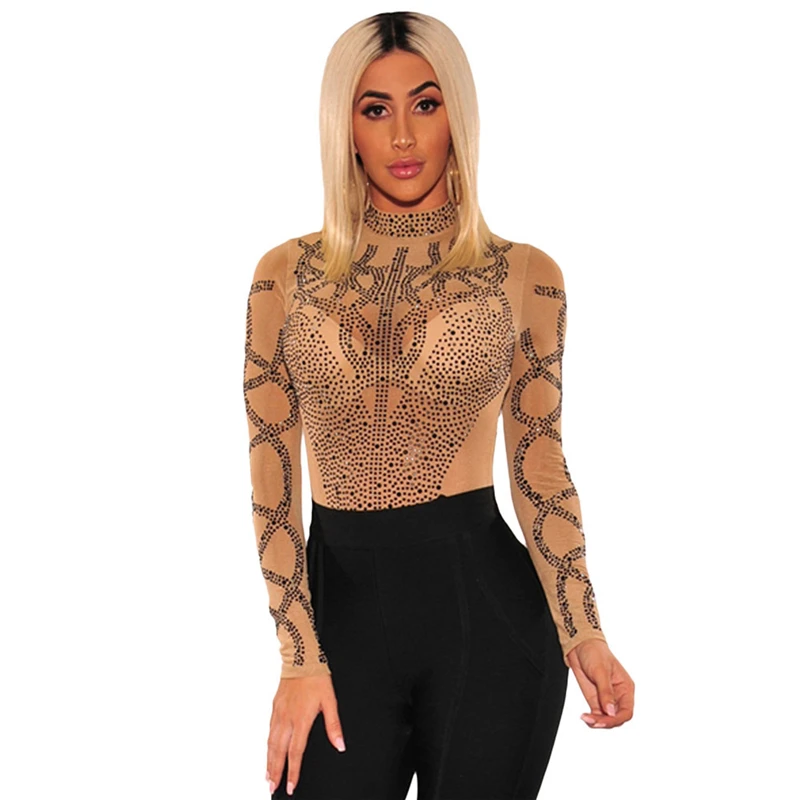 Adogirl стразы искусственная бюстье чистая сетка с длинными рукавами боди макет шеи