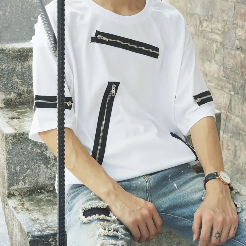 

Summer New Casual Short Sleeve T-Shirts Men Designer Zipper O-Neck Pullover T Shirts Street Loose Black White Tops T Shirts