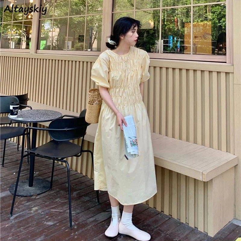 

Однотонные женские платья с круглым вырезом в японском стиле, простое свободное Повседневное платье средней длины с коротким рукавом, женс...