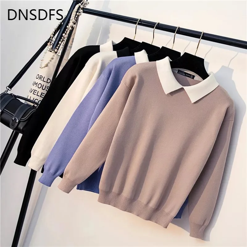 

New Arrive Winter Korean Sweet White Turn-Down Collar Pullovers Women Sweater Long Sleeve Slim Fit Knitt Preppy Sweater Sueter
