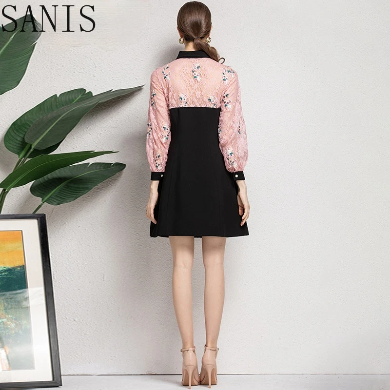 

Sanis New 2021 Fashion Designer Summe Mini Dress Women Lace Long sleeve Patchwork Applique Elegant Black Short Dress