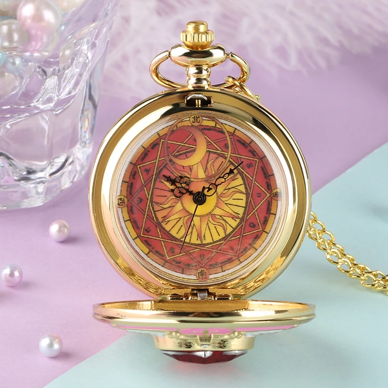 

Magic Rhinestone SAKURA Japanese Anime Sailor Moon Quartz Pocket Watch Necklace Pendant Cosplay Gifts for Girl Student Women Kid