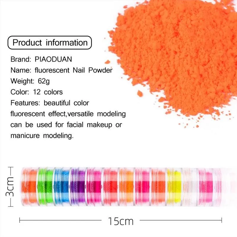 

12colors Dust Nail Fluorescent Powder Transparent Powder Set Painted Glue Nail Box Phototherapy Luminous Glitters Pig X3E6