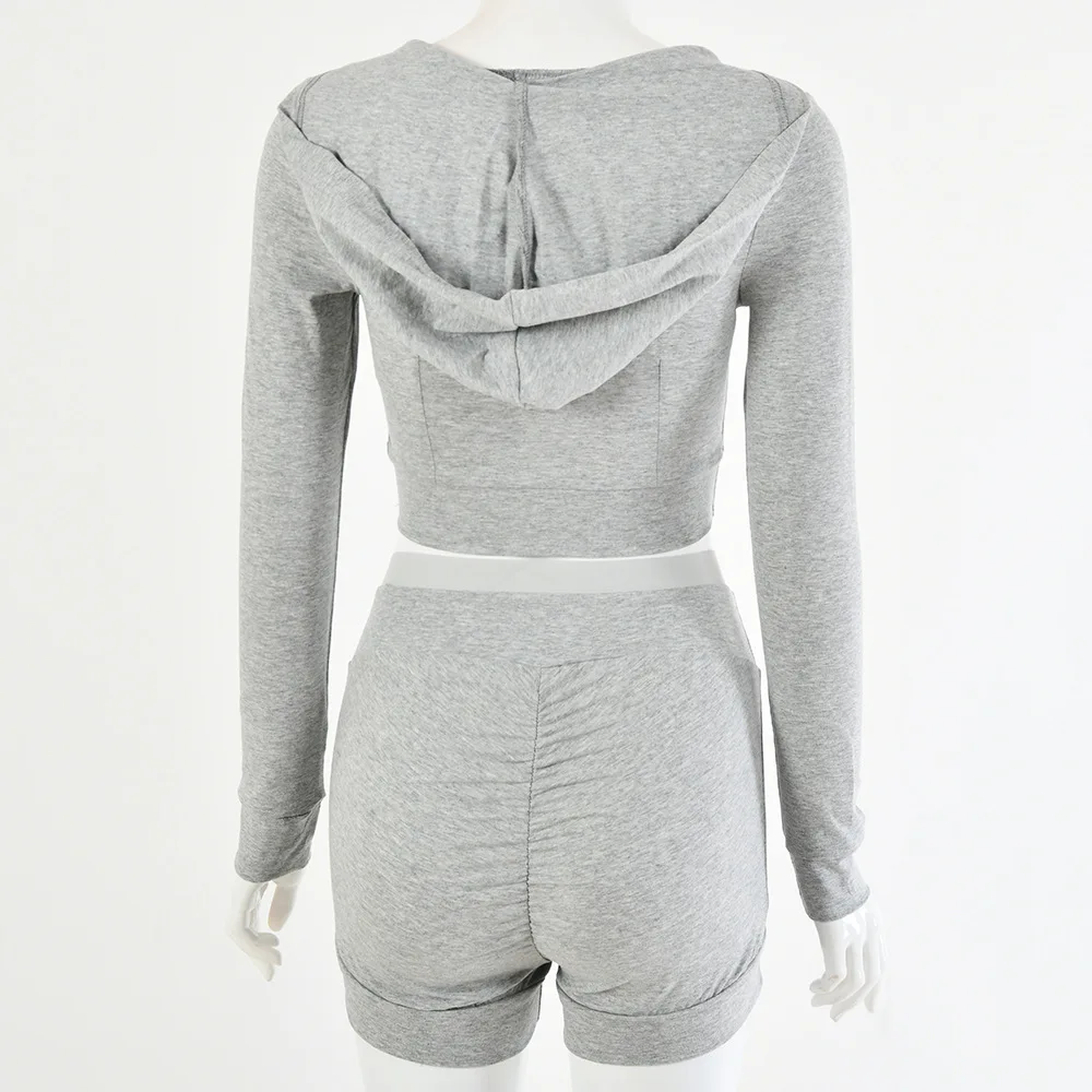 

Casual Summer 2 Two Piece Set Women Outfits Streetwear Long Sleeve Crop Top Biker Shorts Set Women Matching Sets Tracksuit short