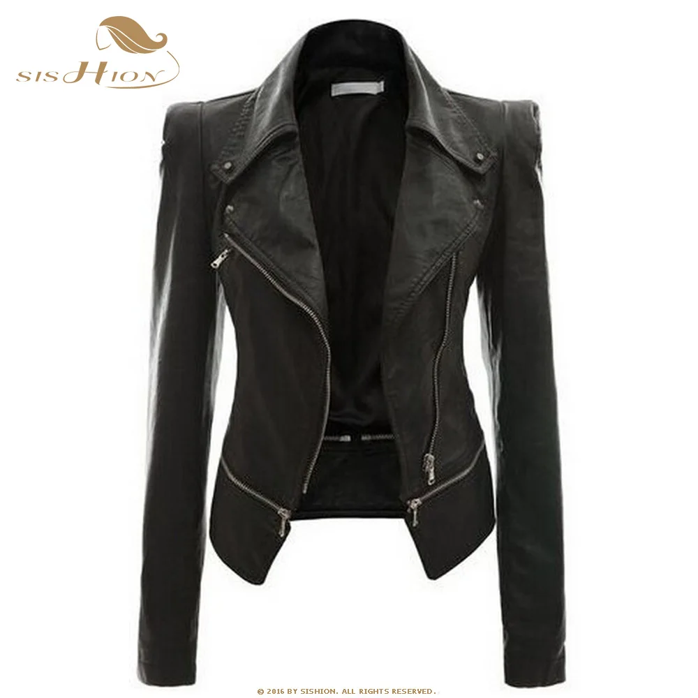

SISHION 2021 New Slim Black Leather Jackets Women Faux Leather QY0391 Plus Size S-4XL Turn-Down Collar Motorcycle Leather Coat