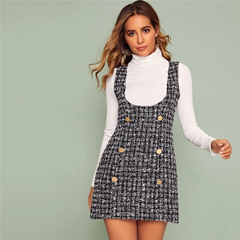 Разноцветное твидовое короткое платье с двумя пуговицами женское осеннее тонкое