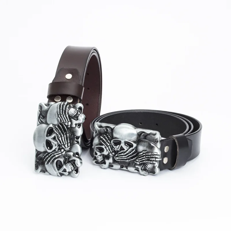 Western cowboy men's leather skull belt buckle trend all-match pure leather belt