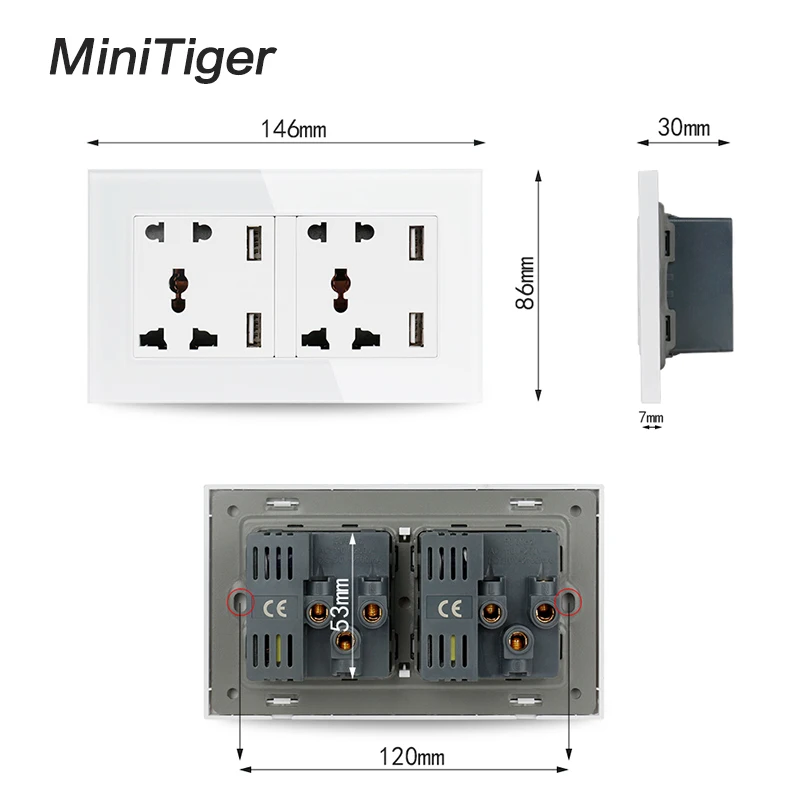 Minitiger Tempered Glass Panel Wall Socket Dual Universal 5 Hole Power Outlet With 4 USB Smart Induction Charger Port for Mobile |